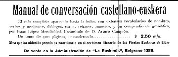 Aviso publicado el 20 de mayo de 1911 en la revista La Baskonia