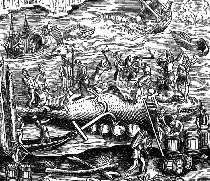 Cazadores vascos de ballenas. A la izquierda, el gaitero