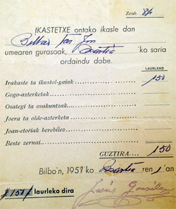 Cuota de la primera ikastola de Bilbao en la postguerra